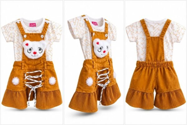 Kids mustard teddy corduroy dungaree set all-views