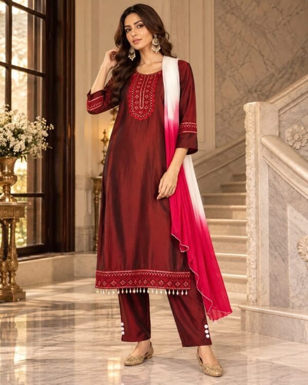 maroon embroidered kurta set 1