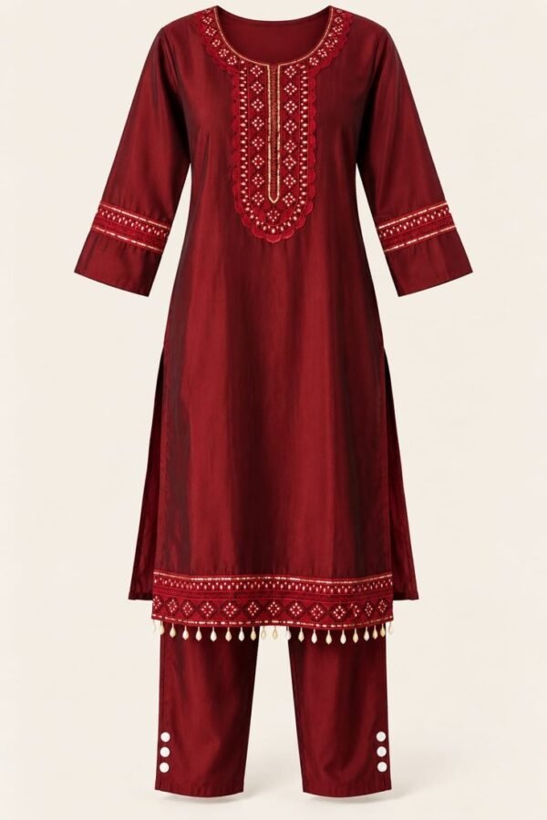 maroon embroidered kurta set 2