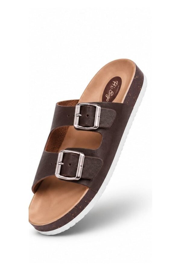 Men brown double buckle slider sandal