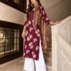 Wine floral kurta palazzo dupatta set