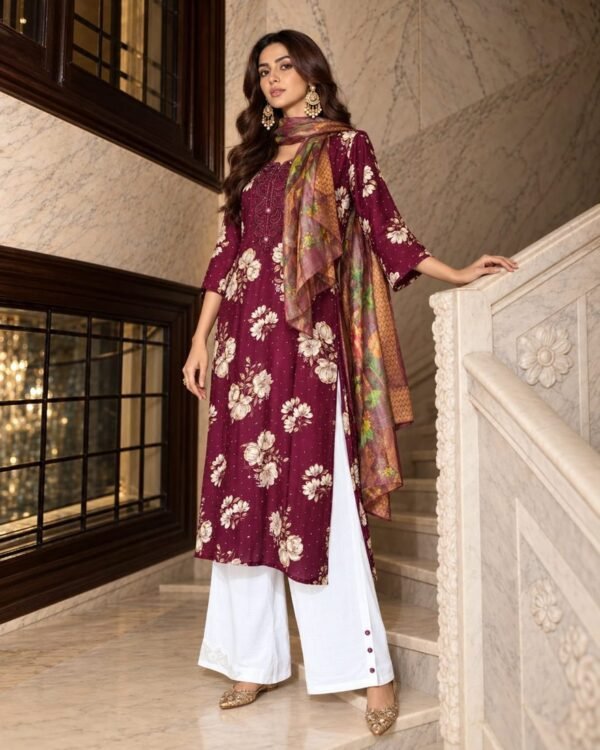 Wine floral kurta palazzo dupatta set
