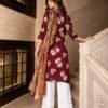 Wine floral kurta palazzo dupatta set